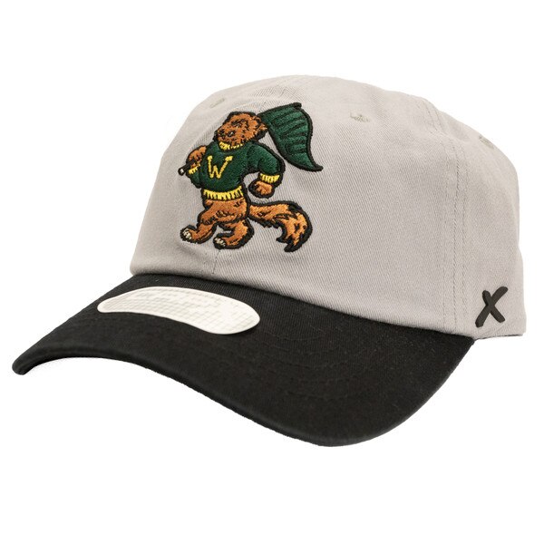 CapX Vintage adjustable hat from the side with a cartoon style mascot caring a flag, grey with black brim and accents